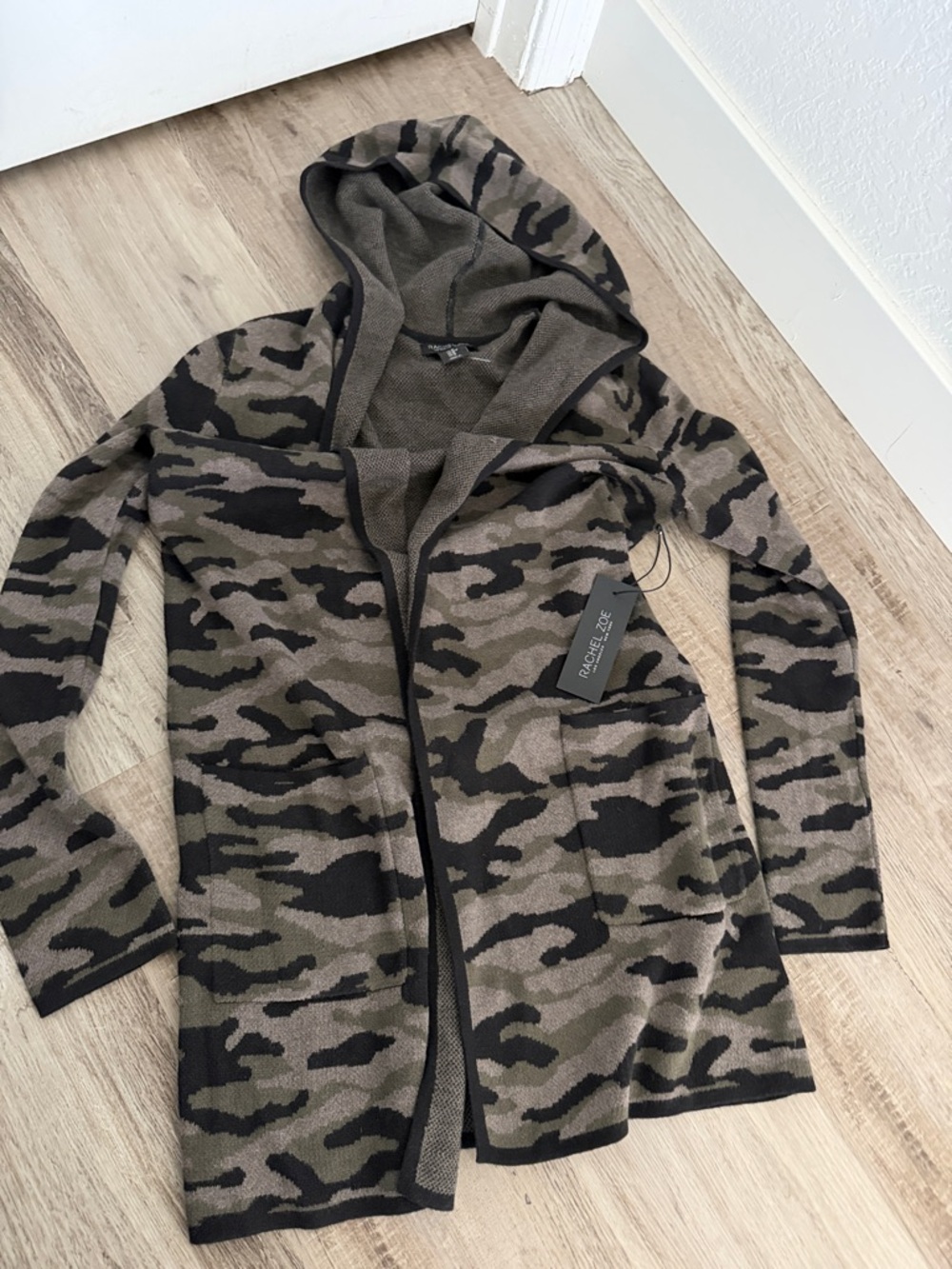 Rachel Zoe Hooded Camouflage Knit Cardigan – Olive & Black BRAND NEW